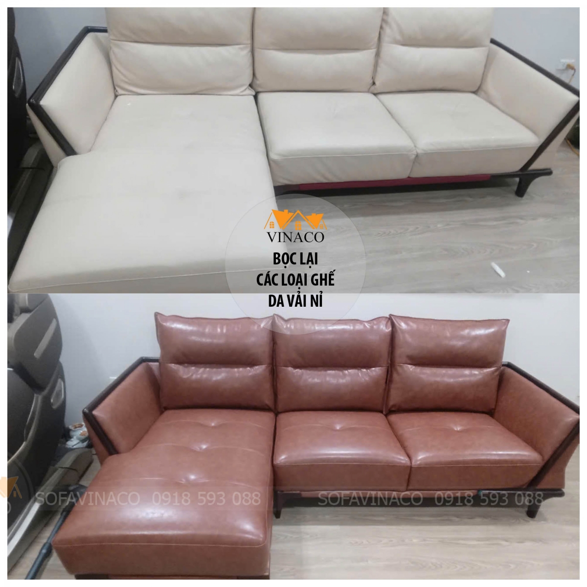 Dịch vụ bọc lại ghế sofa chữ L từ màu kem dễ bám bẩn sang màu nâu sang trọng